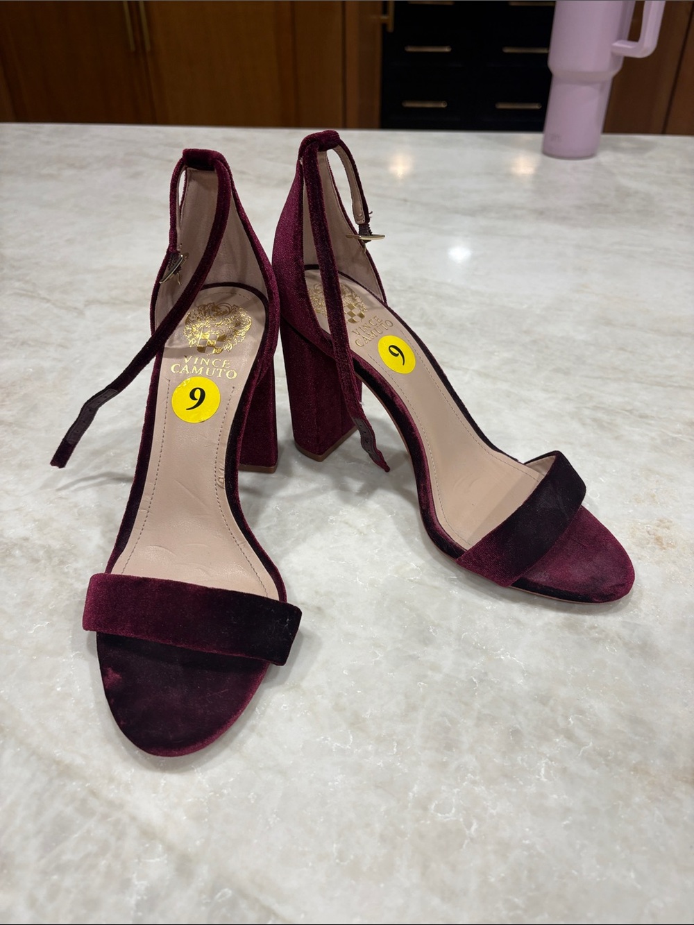 Vince Camuto Burgundy Velvet Ankle-Tie Block Heel Sandals
